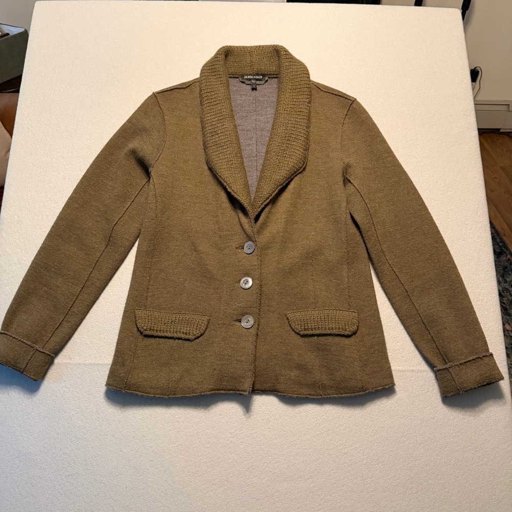 Eileen Fisher Shawl Collar Merino Wool Knit Blazer Olive Green Women Size S